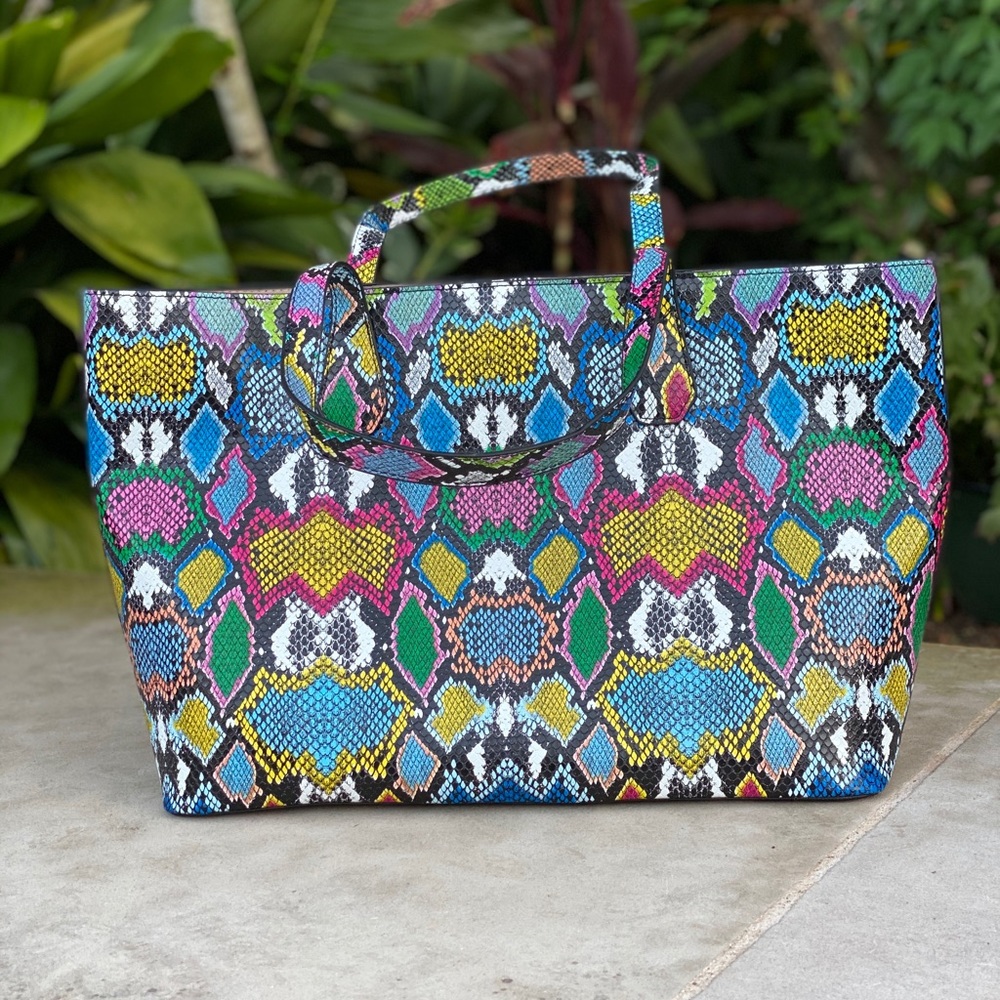 Multi colored snakeskin tote